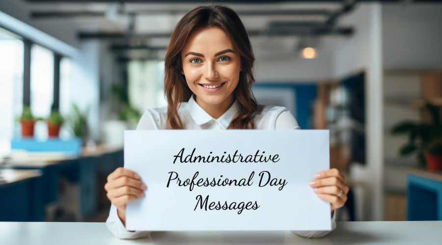 Smiling woman with "Administrative Professional Day Messages"sign in office