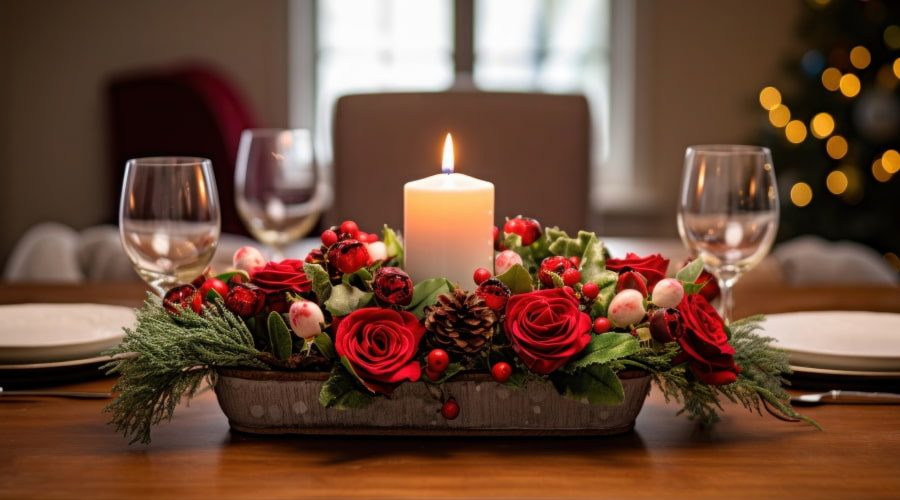 festive table centerpiece with red roses, berries, a candle, and a Christmas tree backdrop