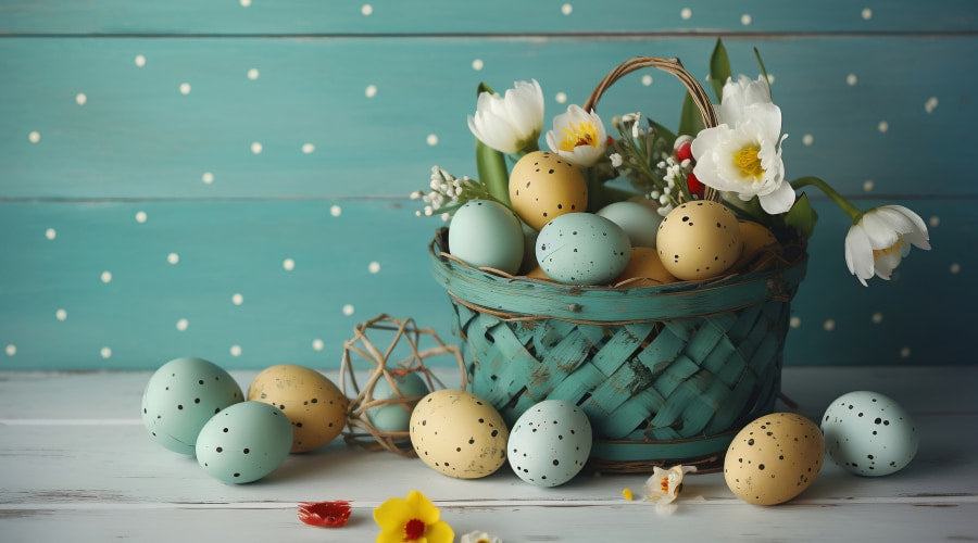 Easter basket with speckled eggs and flowers
