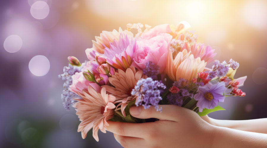 Hands holding a bouquet of various flowers in soft light