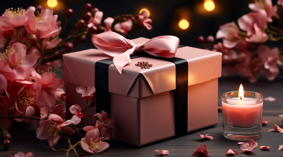 A pink gift box with a ribbon and flowers