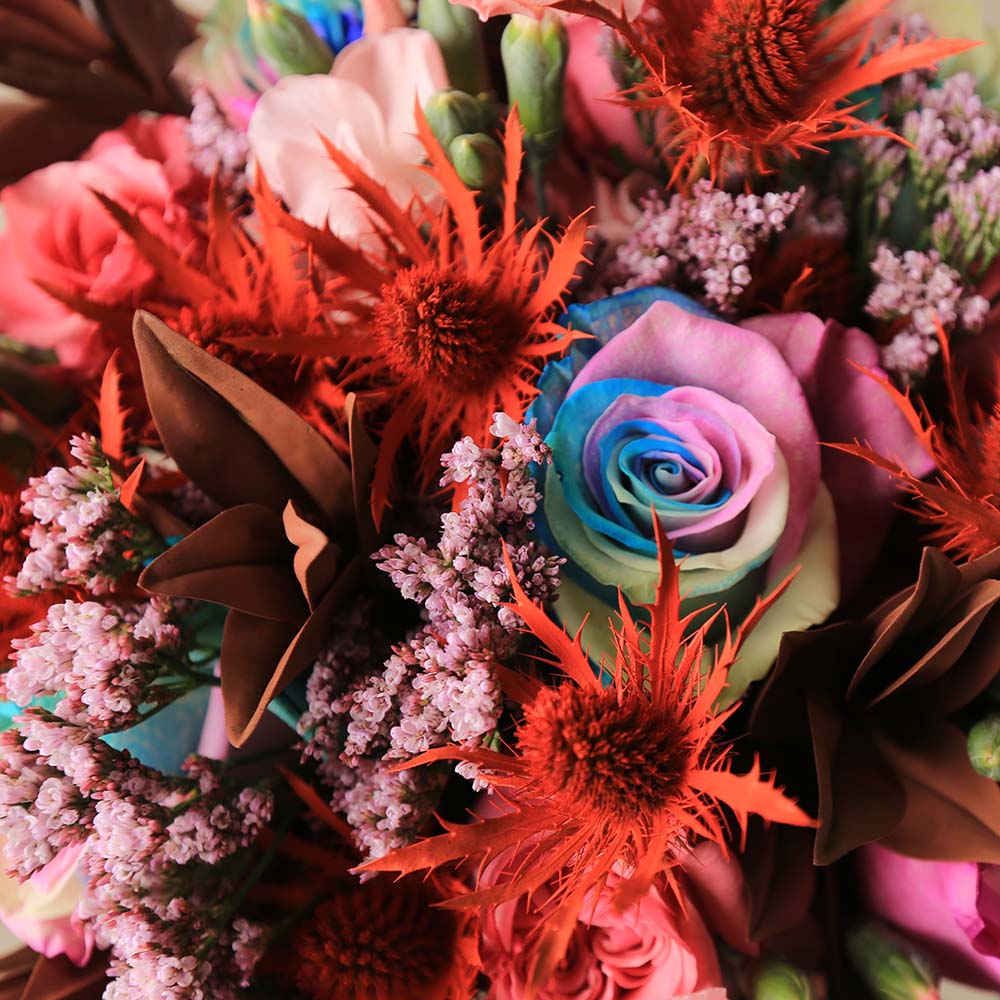 Close-up of Lollapalooza bouquet with Eryngium flowers