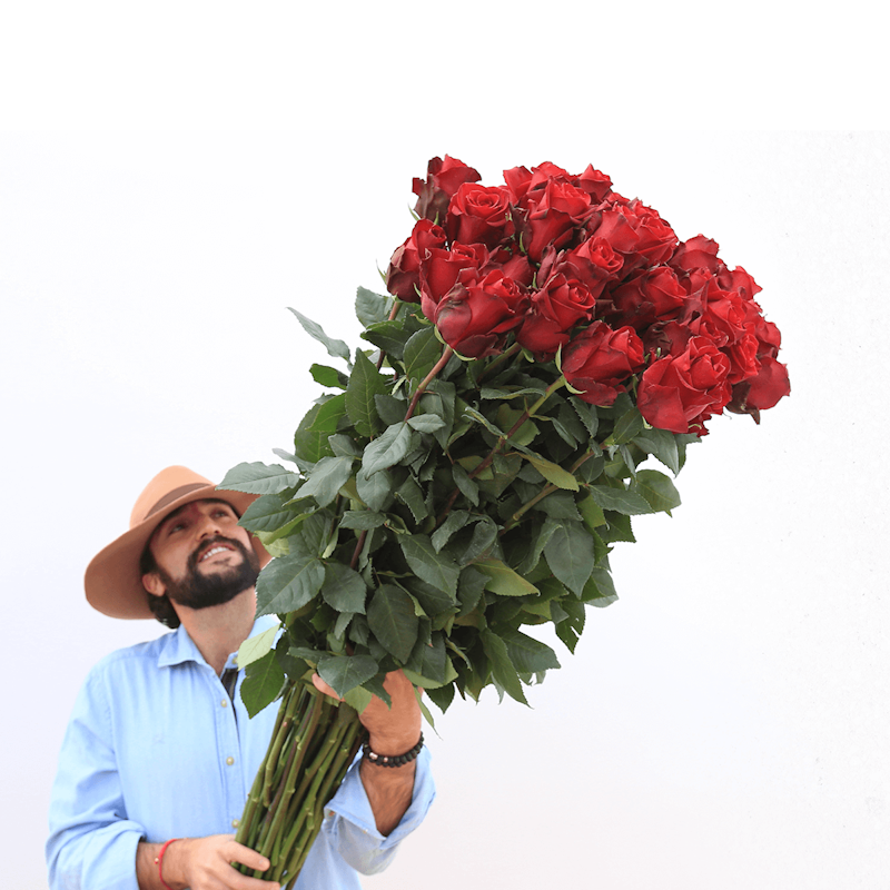 A man smiling and holding up a bouquet of extra long stems roses