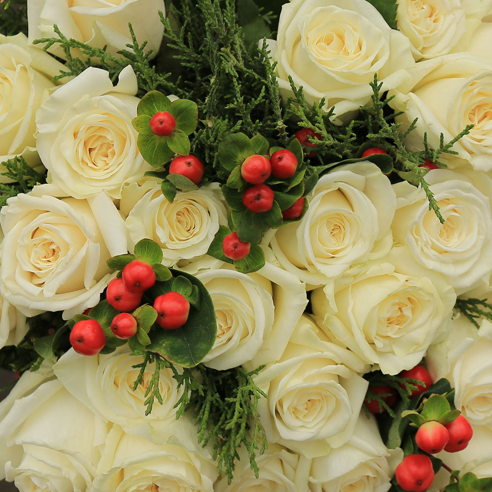 Close-up of Marshmallow - White Roses Christmas Bouquet