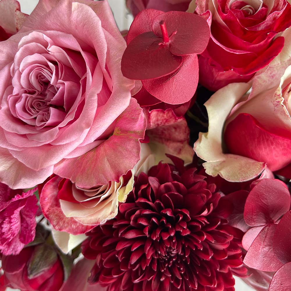 Close-up of Love Potion bouquet - Red and Pink Roses with Carnations