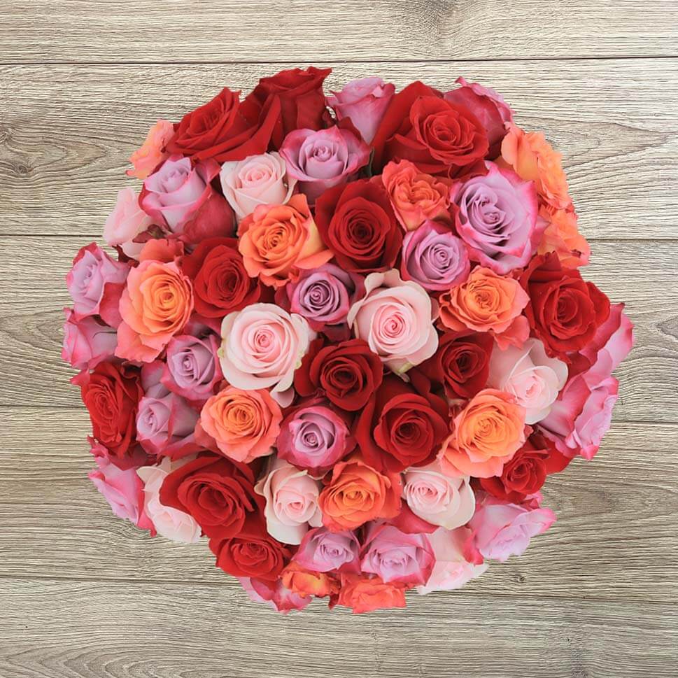 Mix of red, pink, peach roses in Romantic Rose Bouquet 