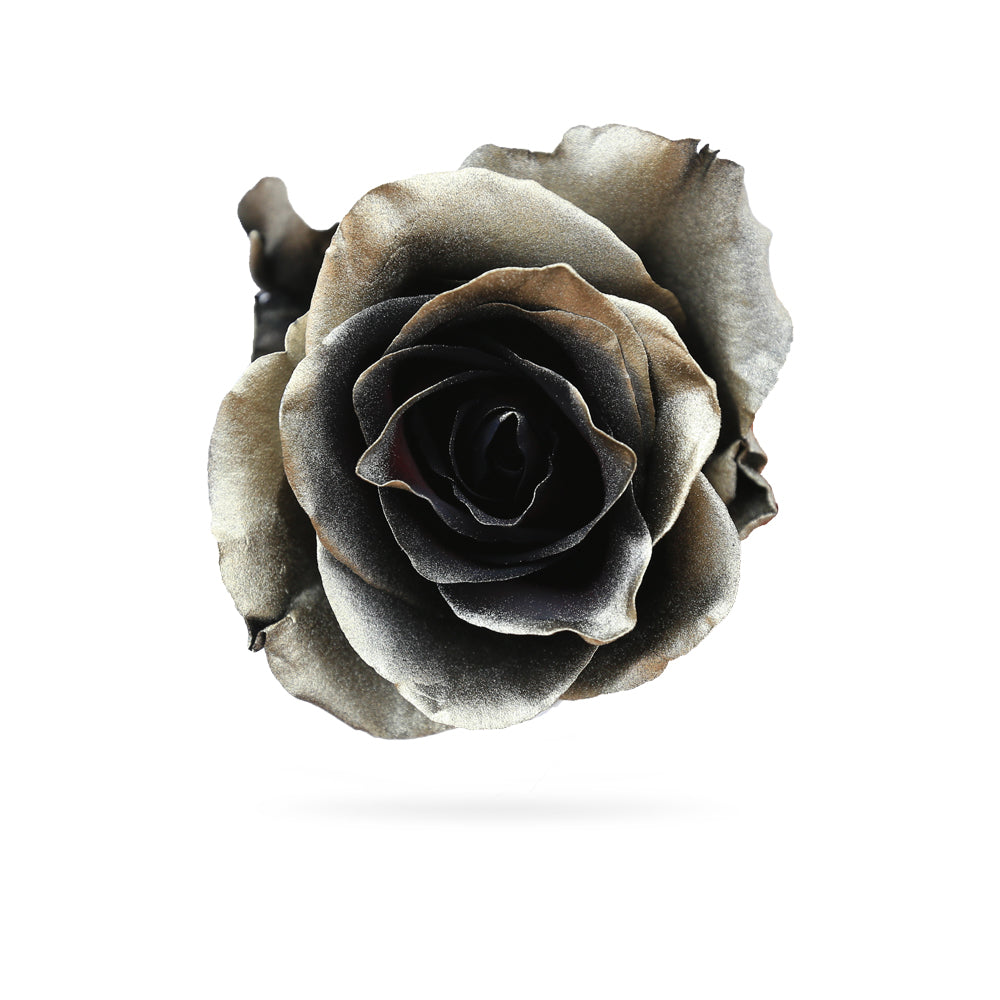 metallic rose with shimmering silver and gold hues