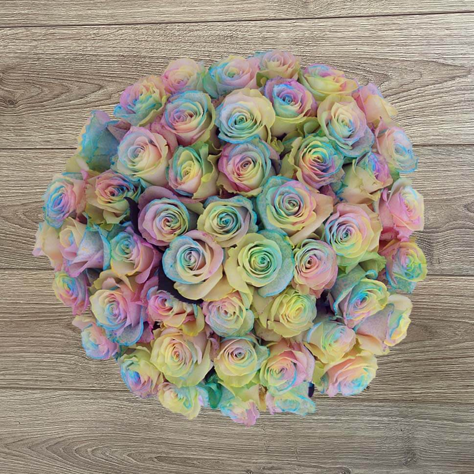 multicolor roses bouquet - pastel, purples, pinks, yellows, and blues roses