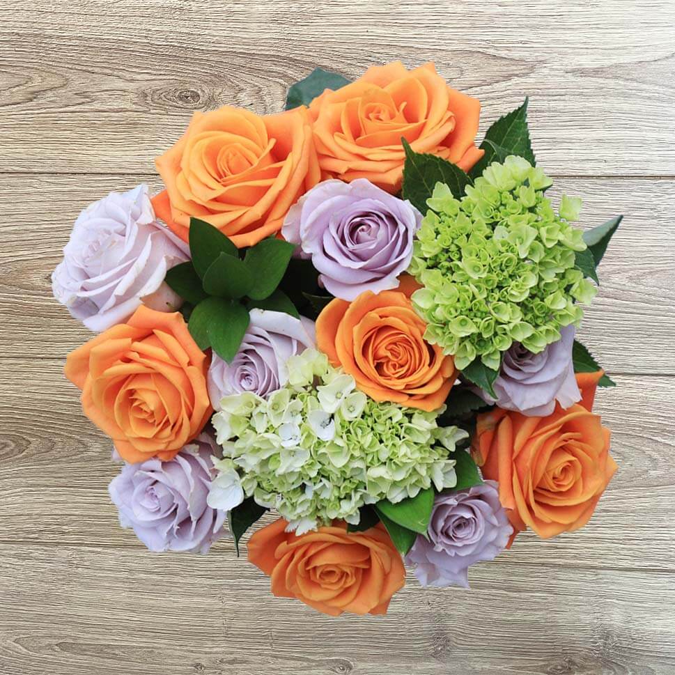 Hydrangea and Orange Roses - Winslow Fresh Bouquet by Rosaholics