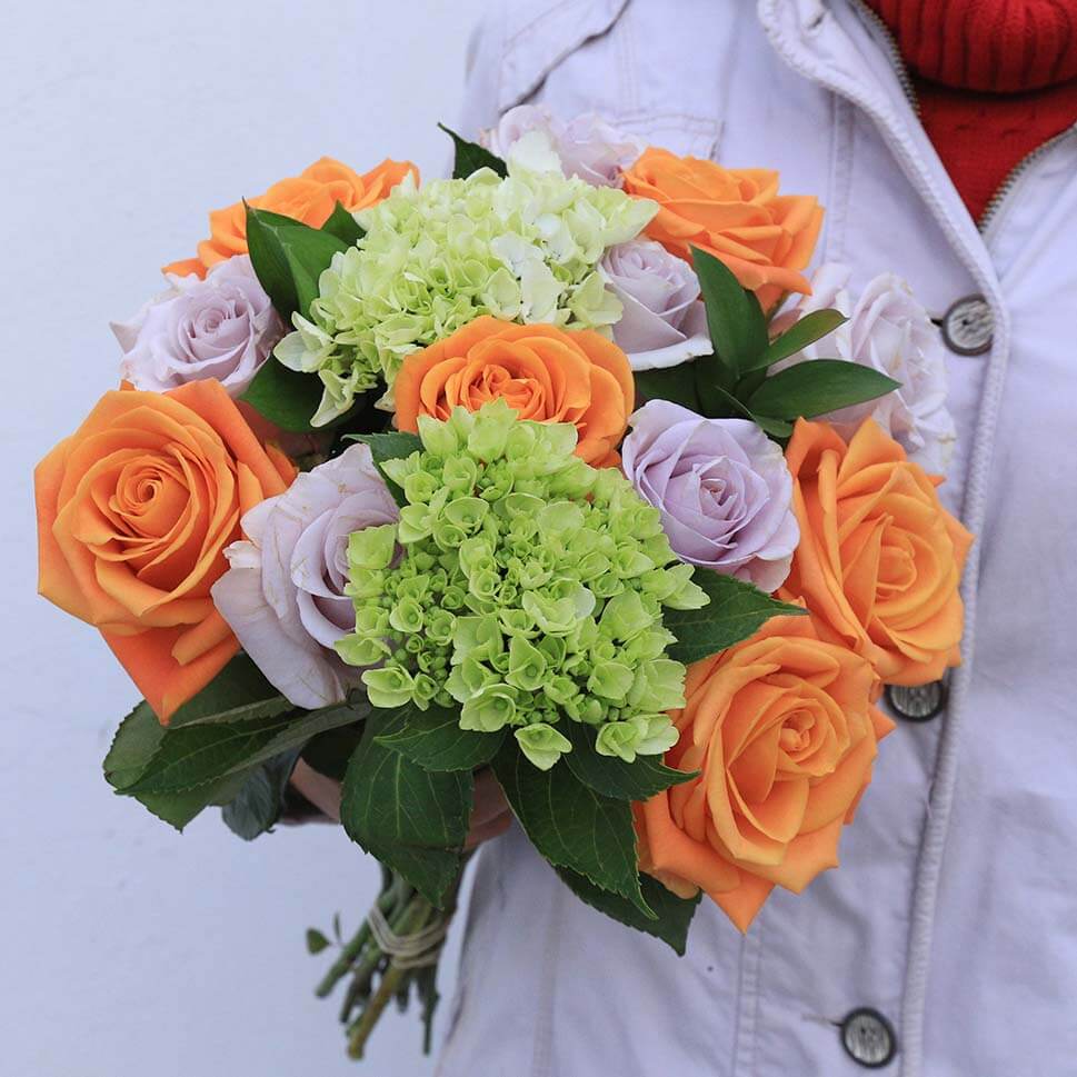 Hydrangea and Orange Roses - Winslow Fresh Bouquet in hands